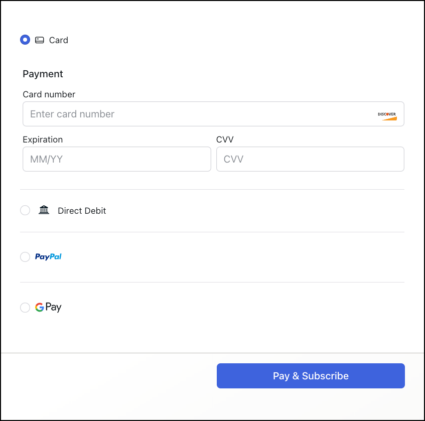 Chargebee Payment Components showing the card payment method selected