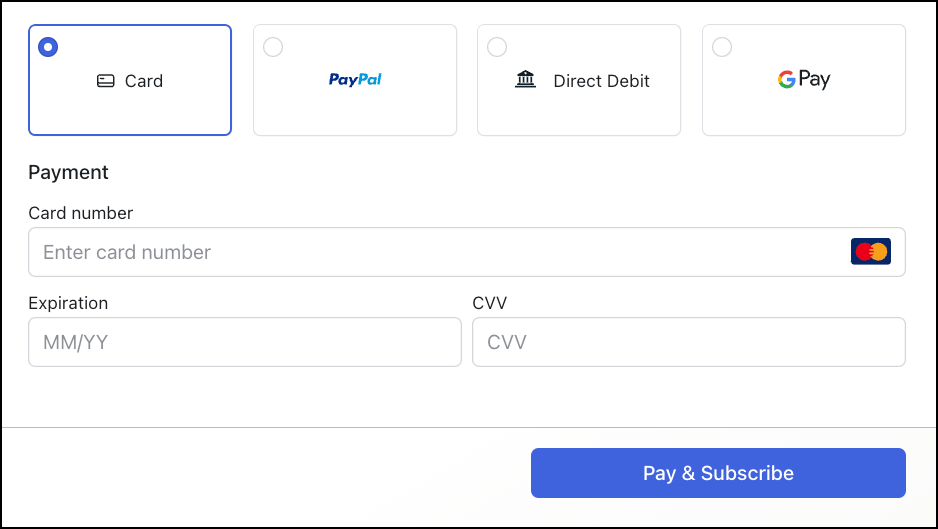 Chargebee Payment Components showing the card payment method selected