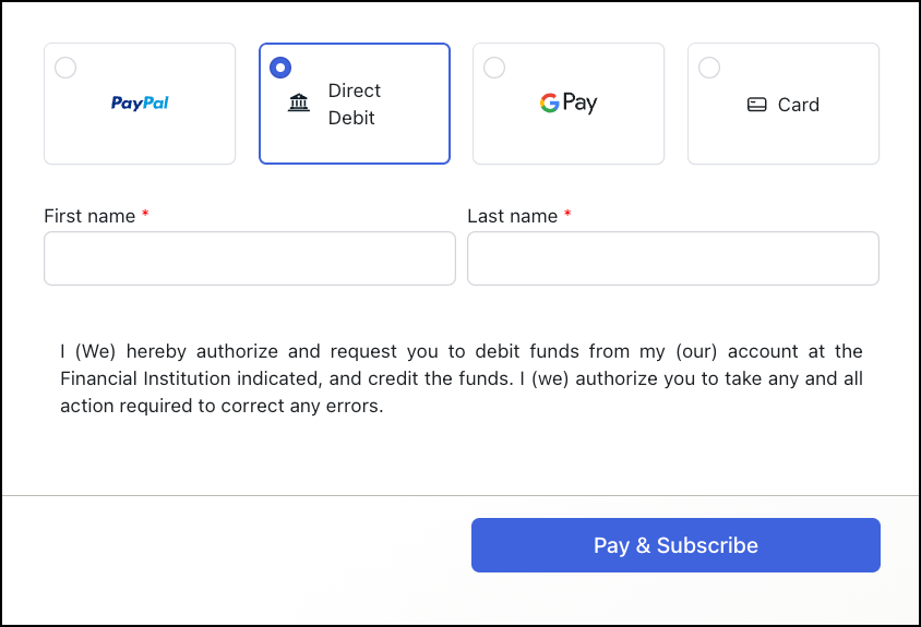 Chargebee Payment Components showing the Direct Debit payment method selected