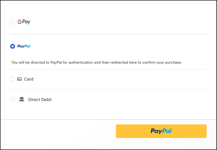 Chargebee Payment Components showing the PayPal payment method selected