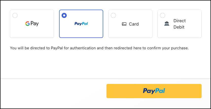 Chargebee Payment Components showing the PayPal payment method selected