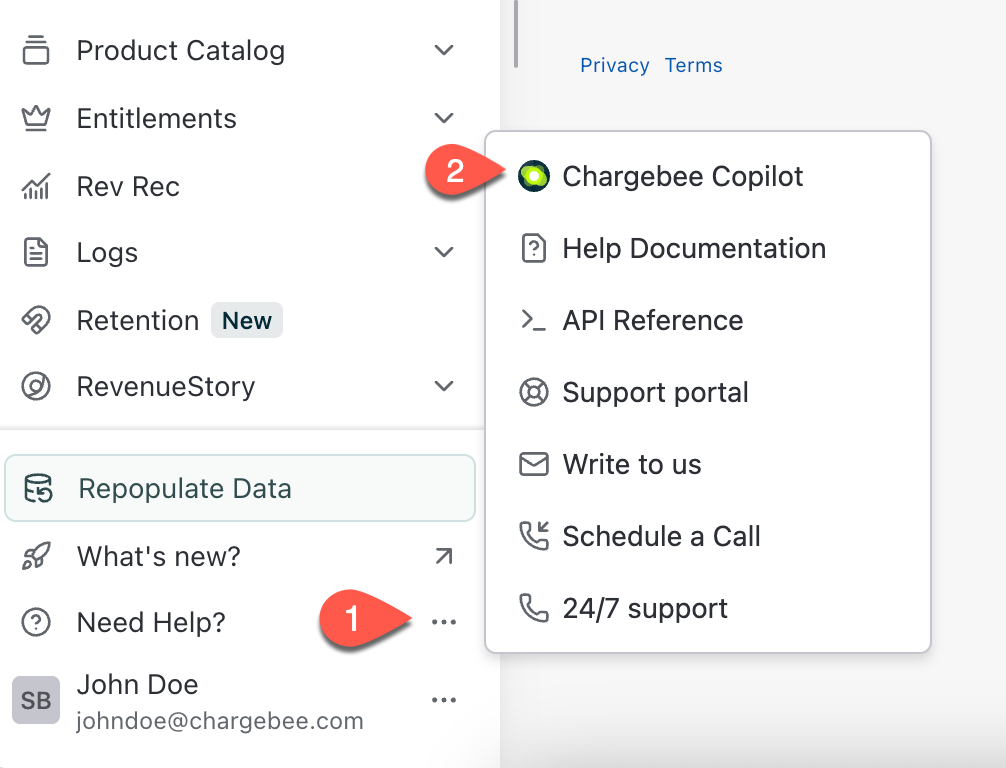 Chargebee Need Help menu