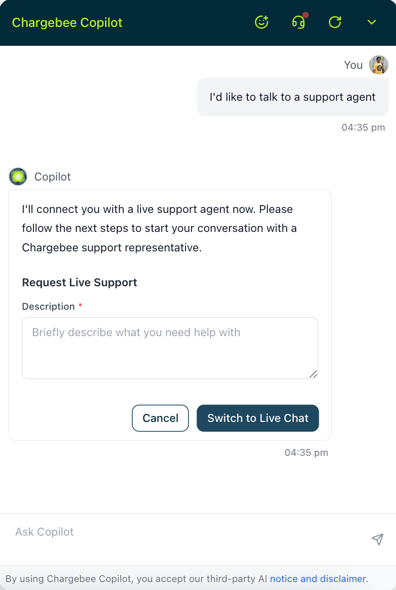 Chargebee Copilot Live chat widget