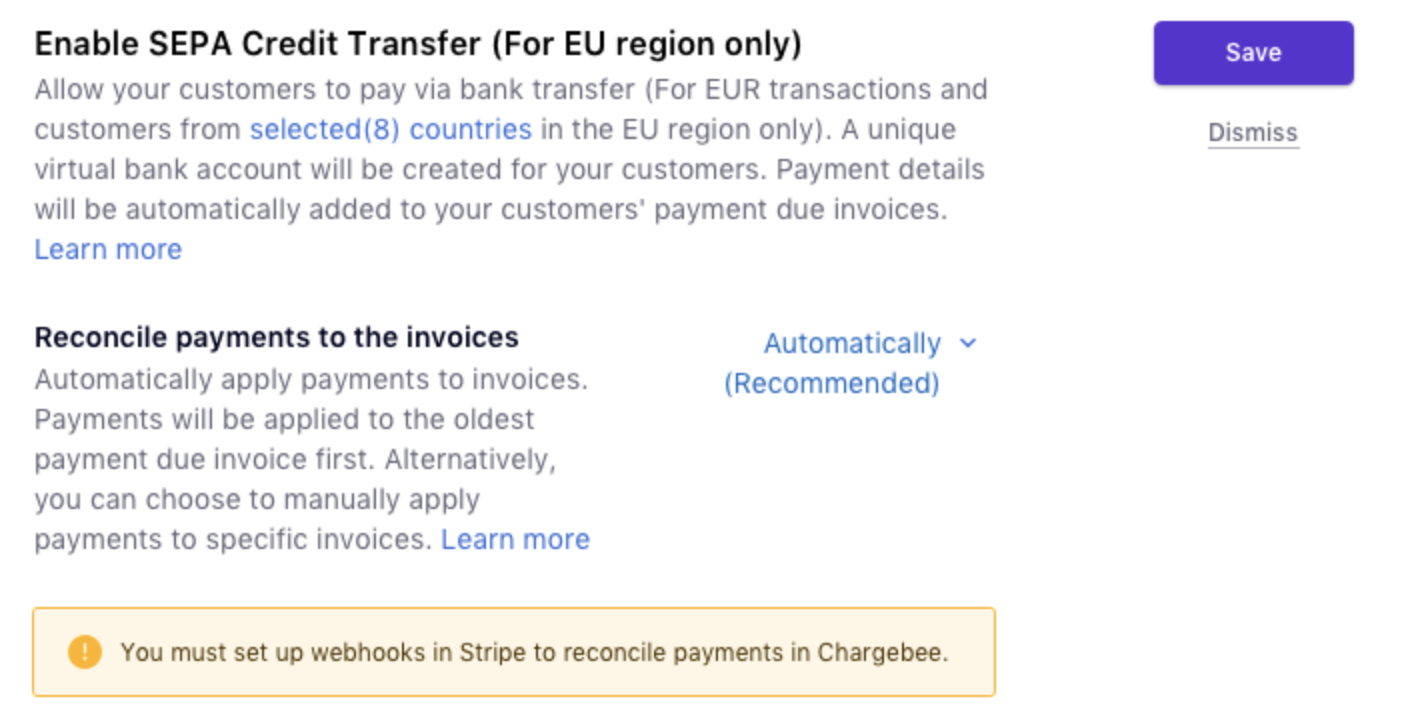 Configuring Sepa Credit Transfer Via Stripe Chargebee Docs